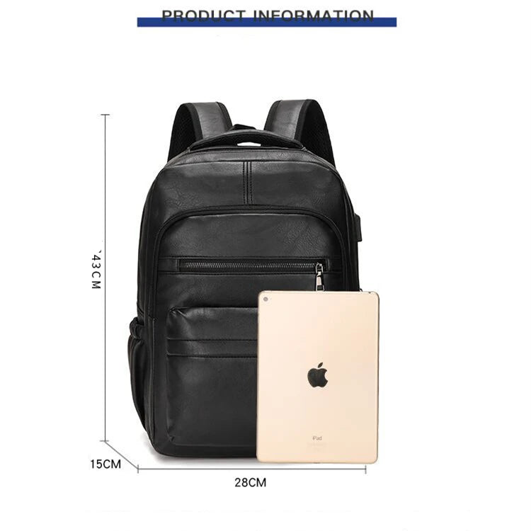 High-Quality USB Charging Backpack for Men – PU Leather Laptop Backpack, Large Schoolbag for Teenagers and Boys