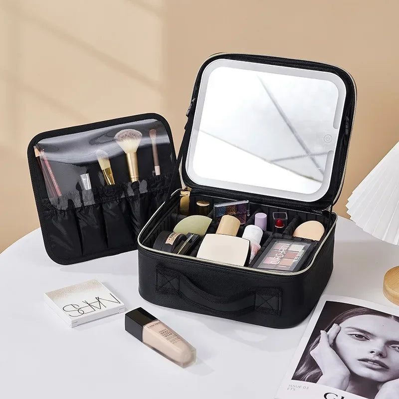 Smart LED Makeup Case with Mirror – Large-Capacity Travel Beauty & Skincare Organizer