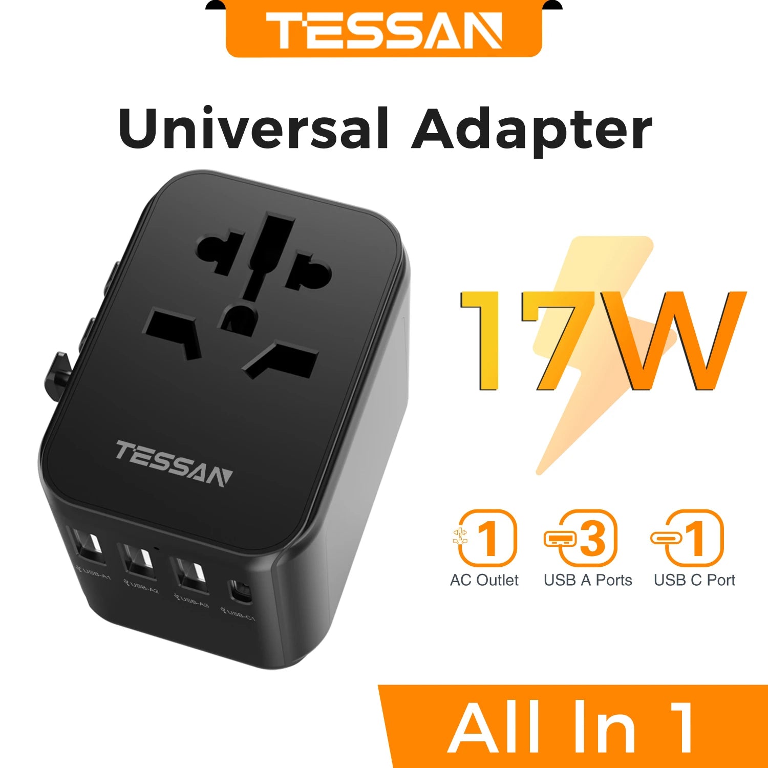 TESSAN 100W GaN Universal Travel Adapter – Fast Charging USB & Type-C Power Adapter for EU/UK/US/AU!