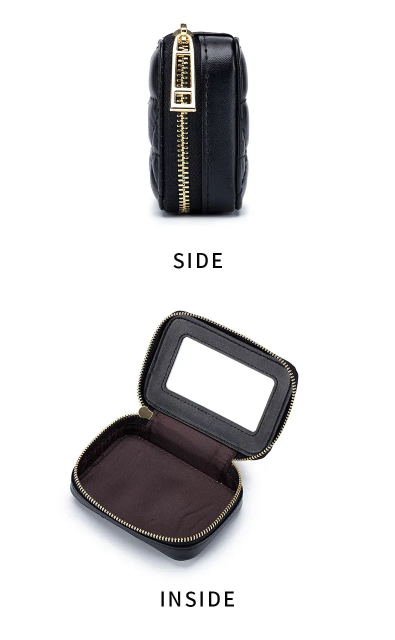 Mini Leather Cosmetic Bag – Stylish Lipstick & Coin Purse with Built-in Makeup Mirror