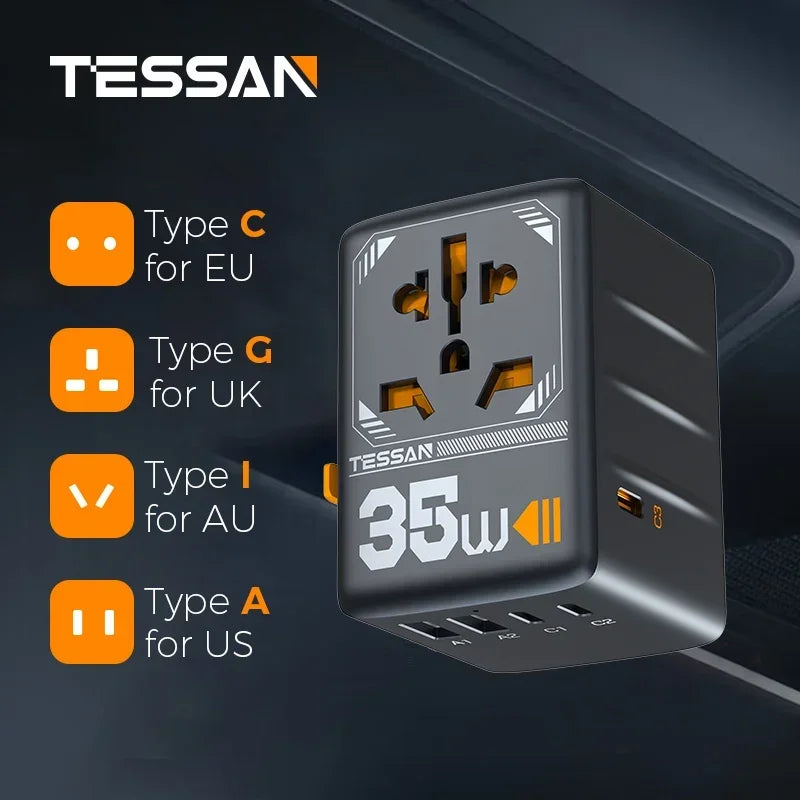 TESSAN 65W GaN Universal Travel Adapter – Fast Charging USB & Type-C Power Adapter for EU/UK/US/AU!