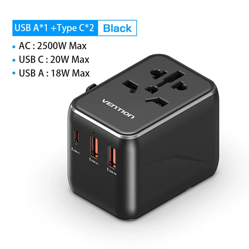 Vention 65W PD Universal Travel Adapter – All-in-One Worldwide Wall Charger with AC Power Plug for USA, EU, UK, AUS