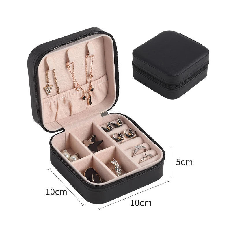 Portable Leather Jewelry Box – Travel Organizer with Zipper for Rings, Earrings & Necklaces
