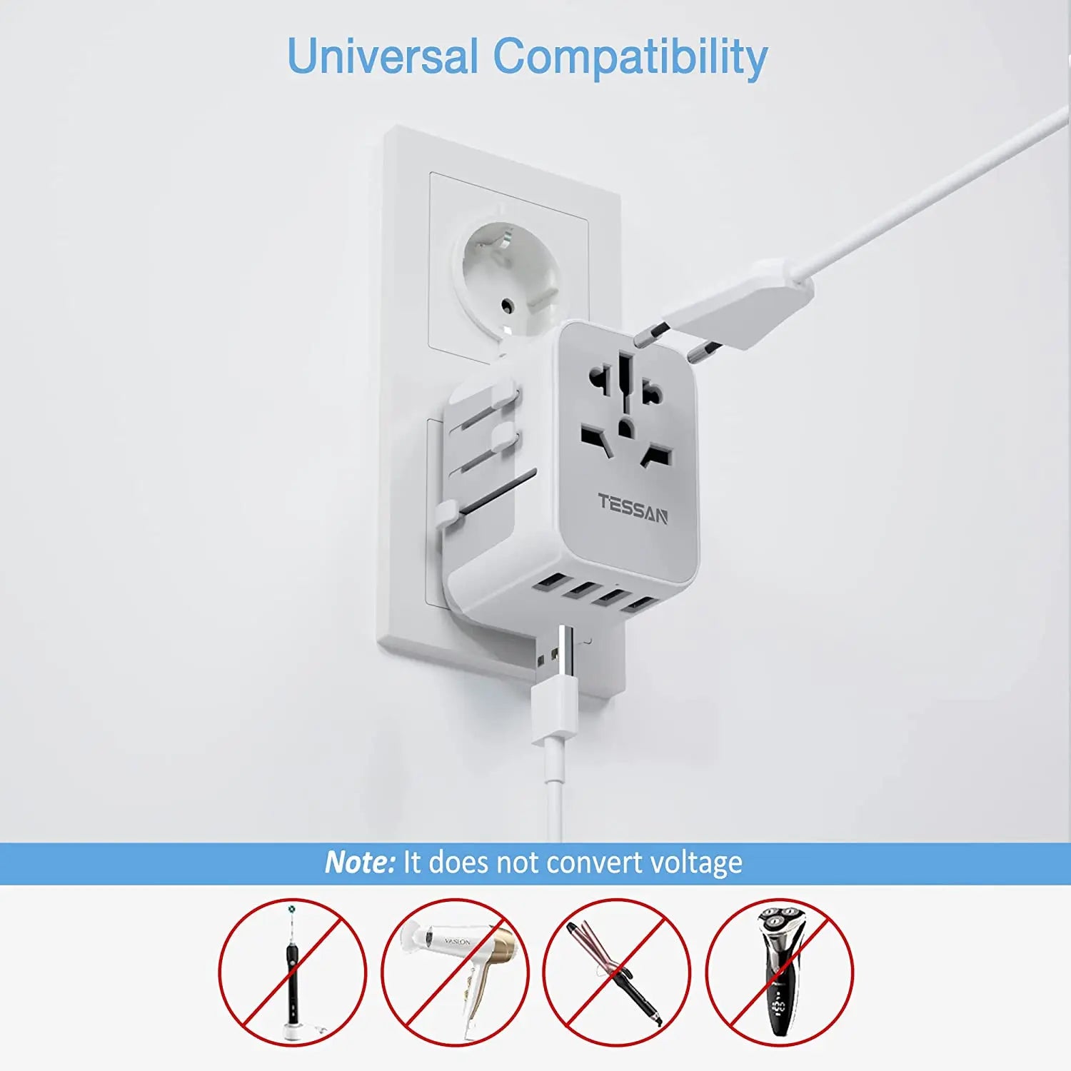 TESSAN 100W GaN Universal Travel Adapter – Fast Charging USB & Type-C Power Adapter for EU/UK/US/AU!