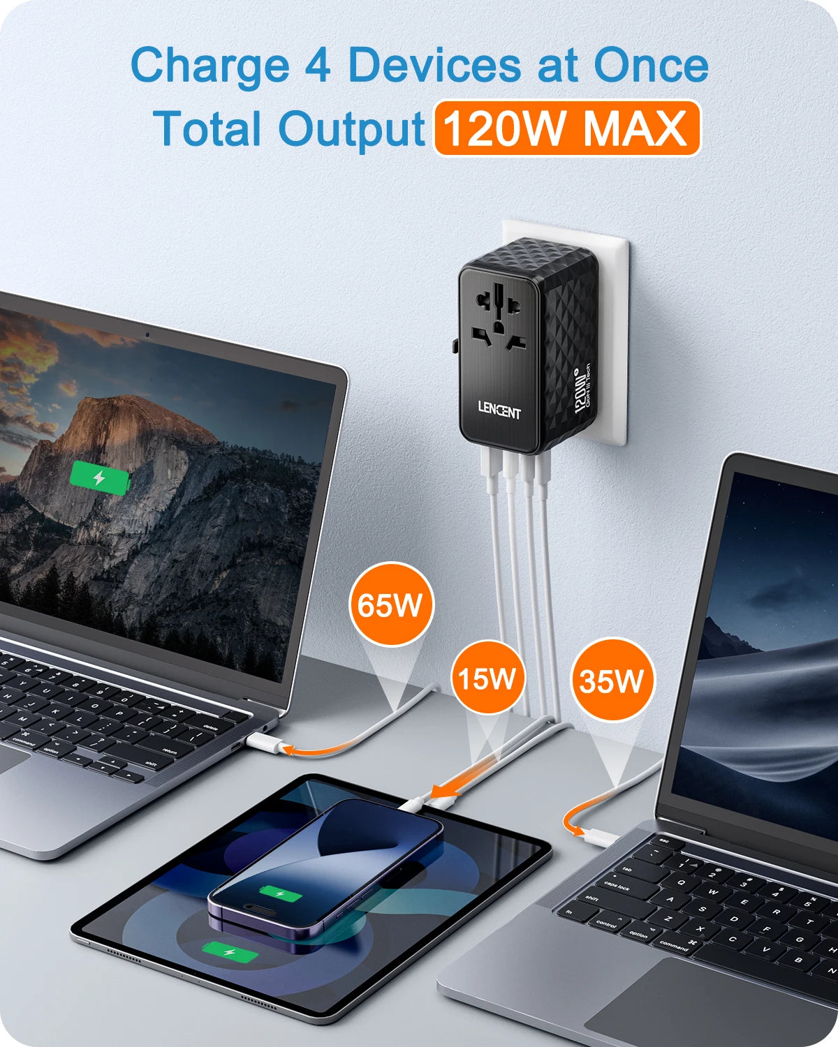 LENCENT 120W GaN International Travel Adapter – 1 USB-A & 3 Type-C PD3.0 Fast Charging EU/UK/USA/AUS Plug Travel Charger