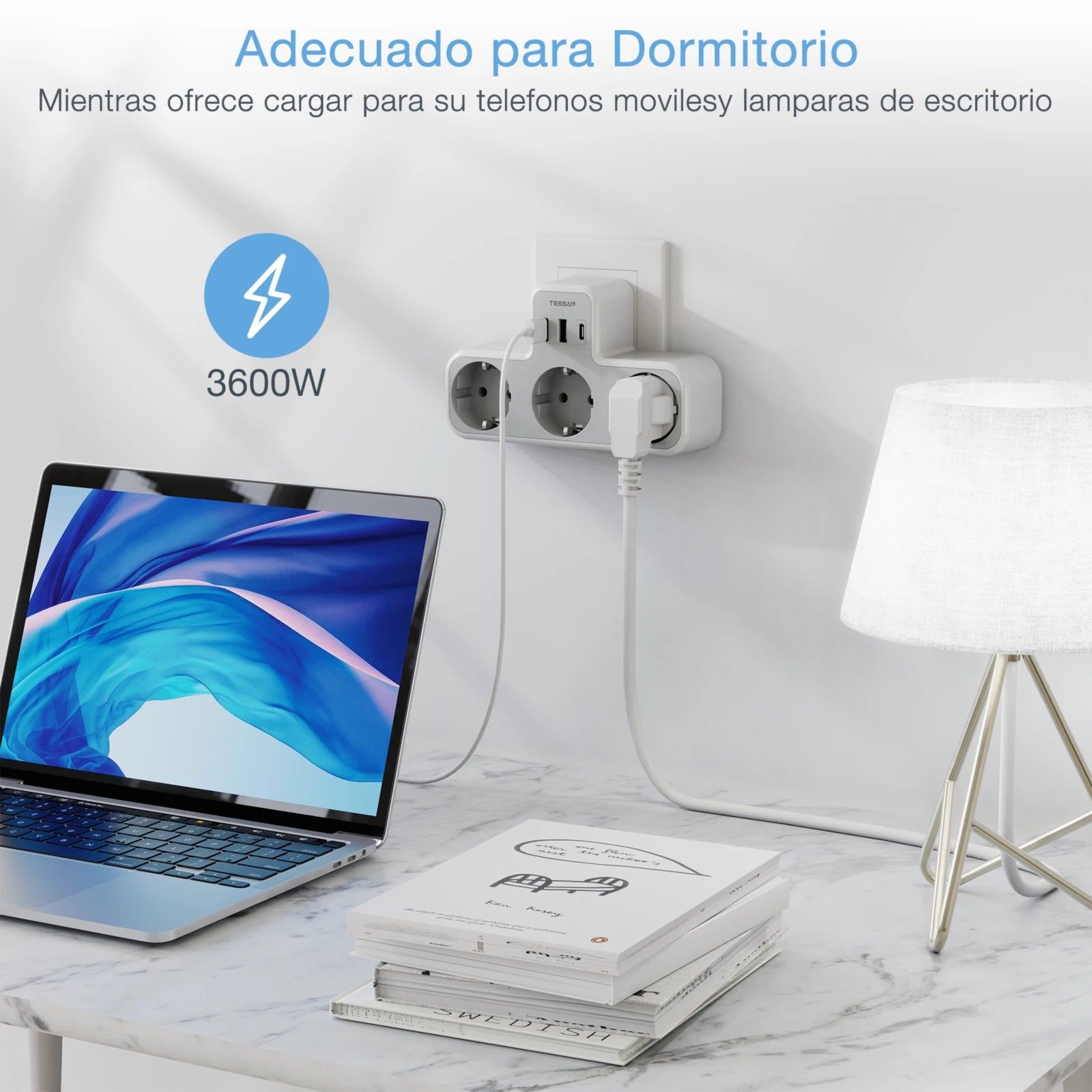 TESSAN 6-in-1 Socket Adapter – 3-Way Outlet with USB & Surge Protection for Travel, Smartphones & Laptops!