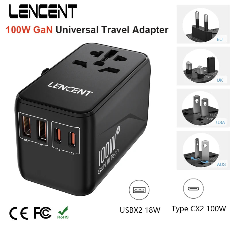 LENCENT 100W GaN Universal Travel Adapter – 2 QC4.0 USB-A & 2 PD3.0 Type-C PPS Fast Charging, EU/UK/USA/AUS Plug for Travel
