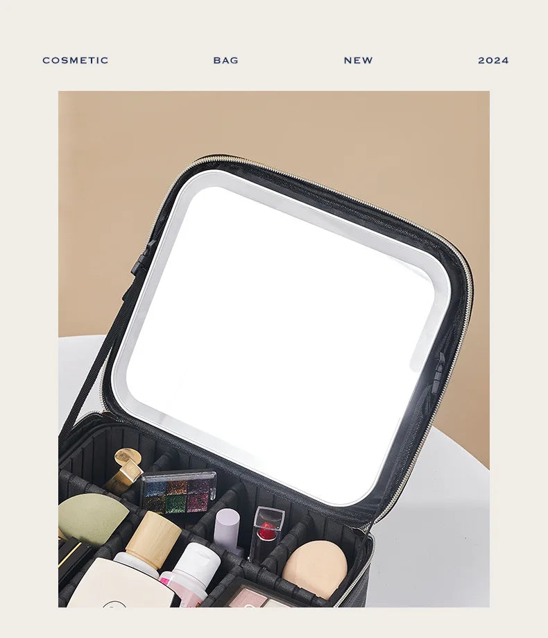 Smart LED Makeup Case with Mirror – Large-Capacity Travel Beauty & Skincare Organizer