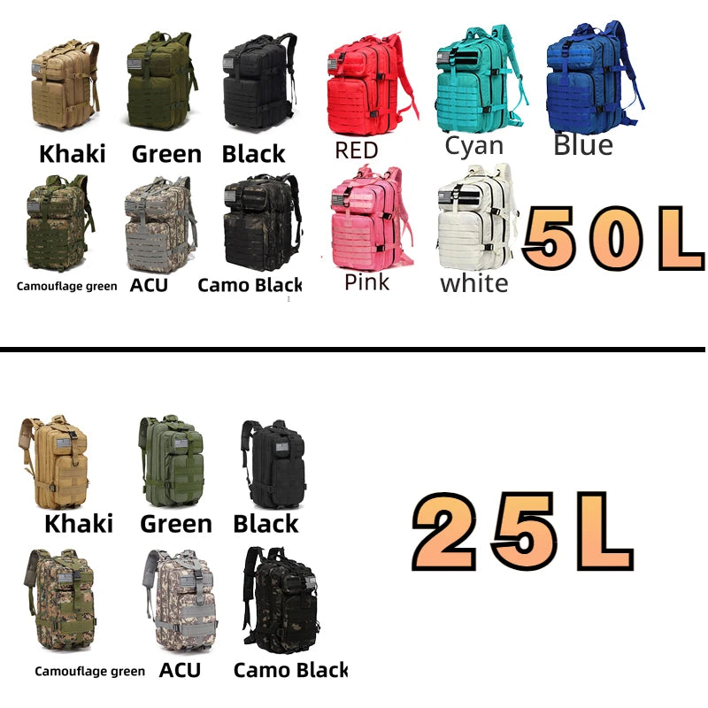1000D Nylon Waterproof Tactical Backpack – Outdoor Rucksack for Camping, Hiking, Trekking, Fishing & Hunting (25L/50L)