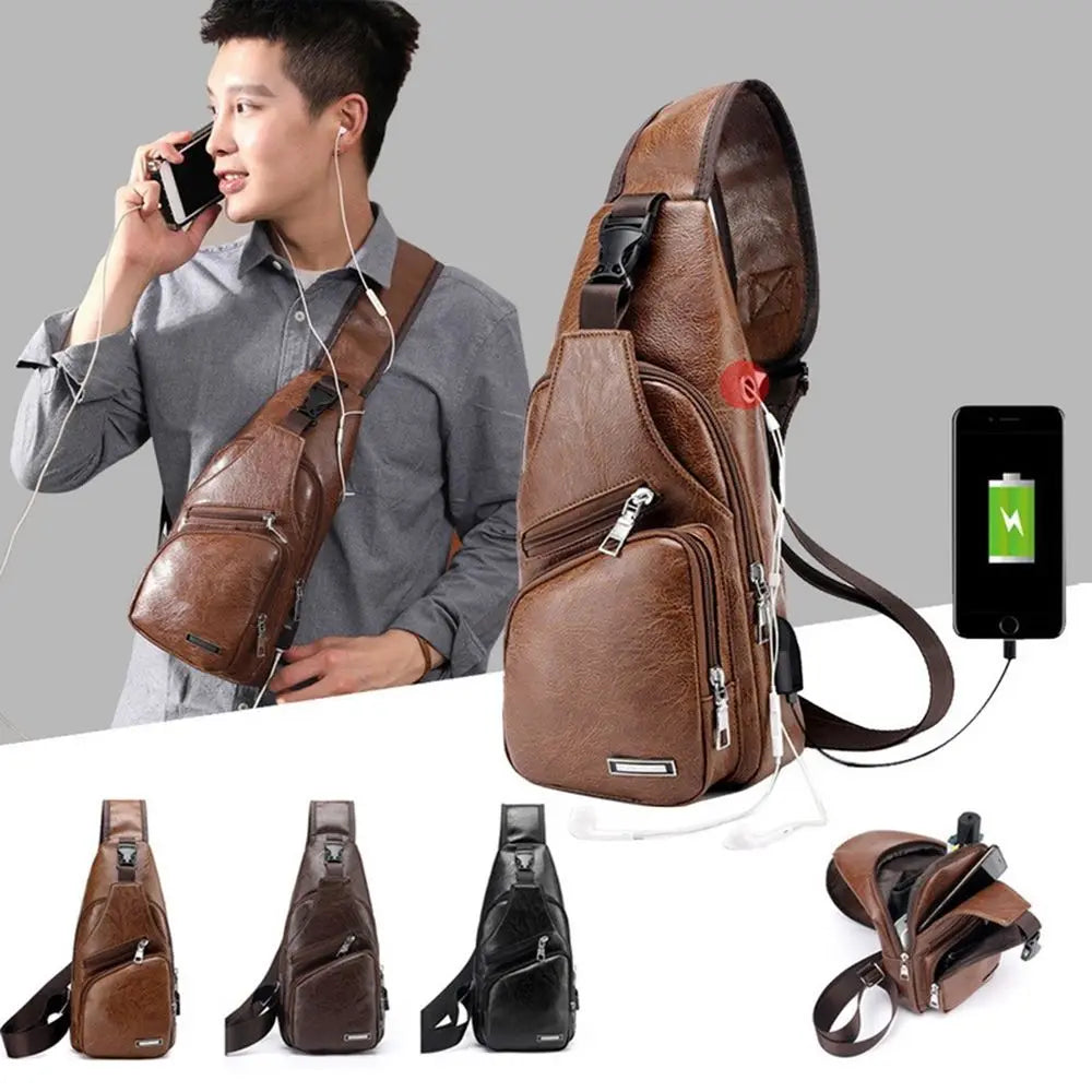 USB Data Cable Charging Chest Bag – Casual Fashion Shoulder Bag, PU Outdoor Sports Men’s Backpack