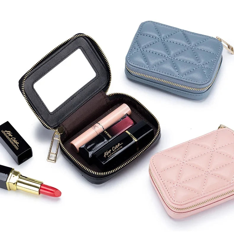 Mini Leather Cosmetic Bag – Stylish Lipstick & Coin Purse with Built-in Makeup Mirror