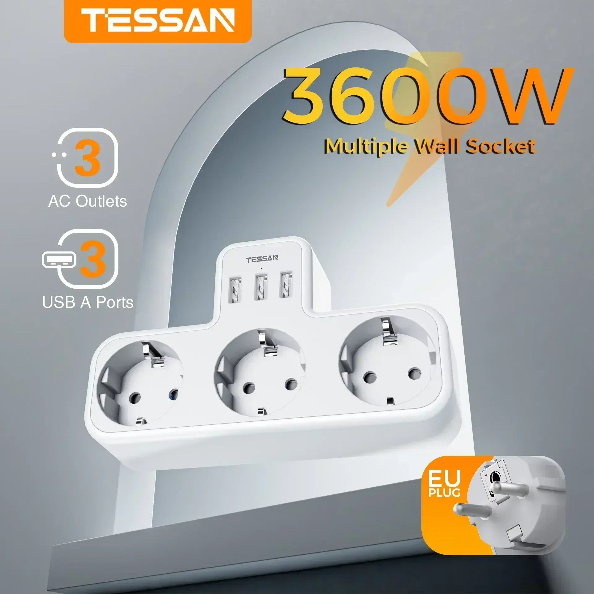 TESSAN 6-in-1 Socket Adapter – 3-Way Outlet with USB & Surge Protection for Travel, Smartphones & Laptops!