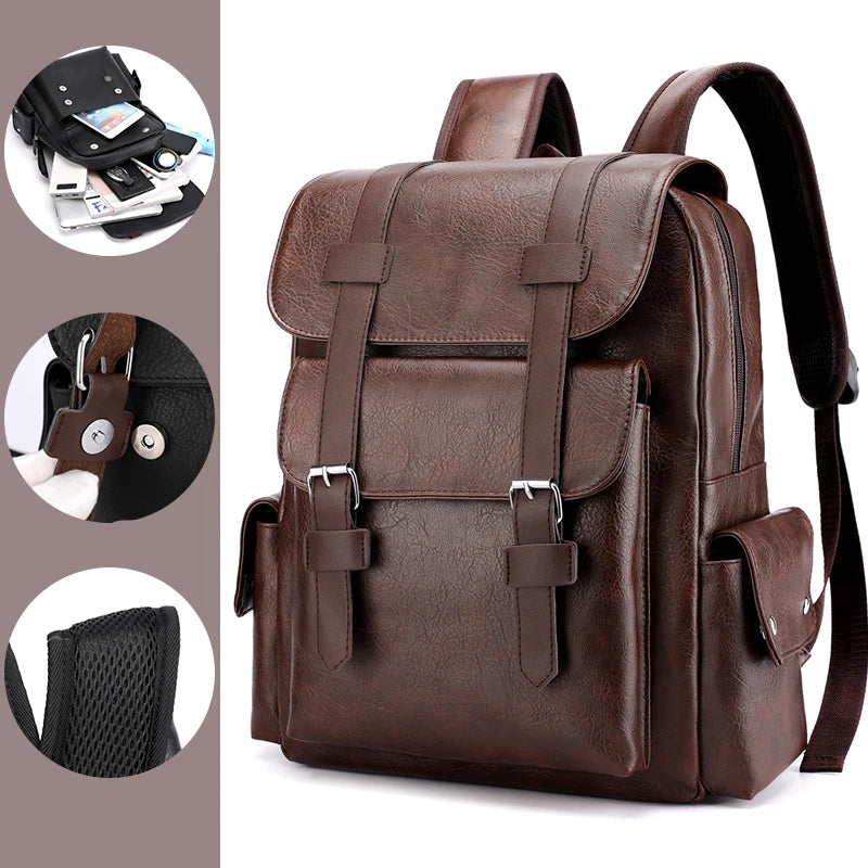 2025 Men’s PU Leather Backpack – Large Laptop Bag, Mochilas for Teenagers Boys, Black & Brown Schoolbag
