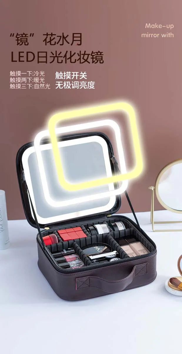 LED Travel Makeup Bag with Mirror – Large-Capacity Portable Storage Case with Combination Lock