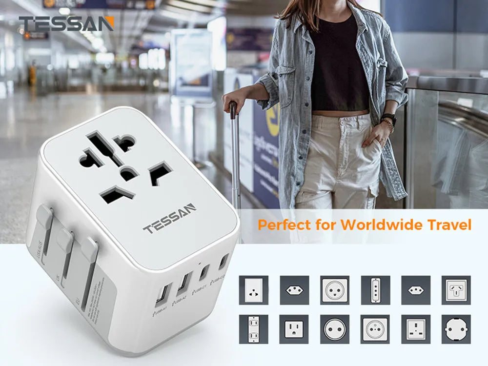 TESSAN 100W GaN Universal Travel Adapter – Fast Charging USB & Type-C Power Adapter for EU/UK/US/AU!
