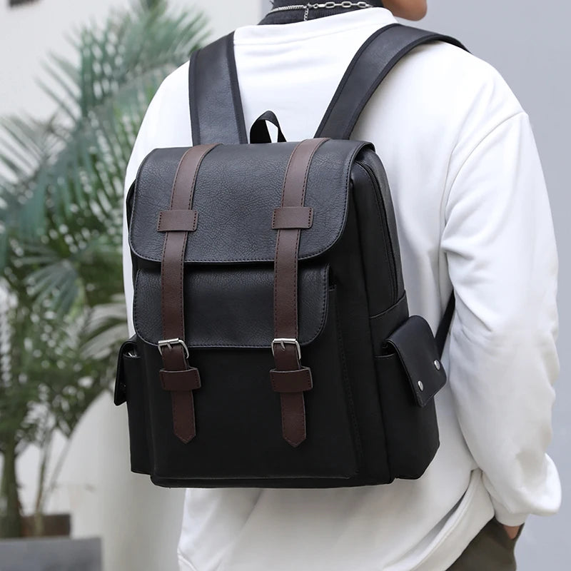 2025 Men’s PU Leather Backpack – Large Laptop Bag, Mochilas for Teenagers Boys, Black & Brown Schoolbag