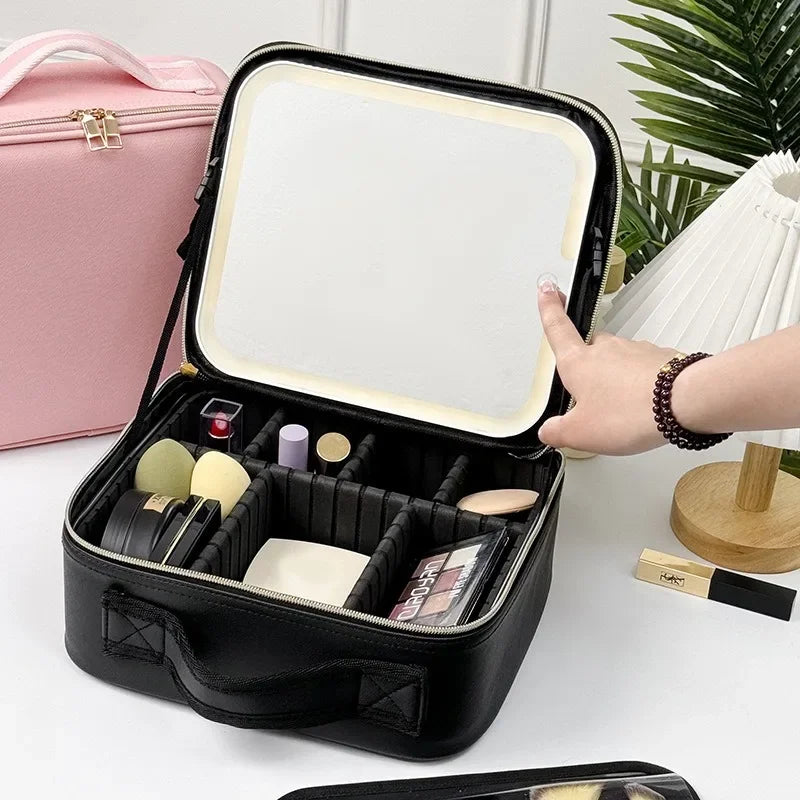 Smart LED Makeup Case with Mirror – Large-Capacity Travel Beauty & Skincare Organizer