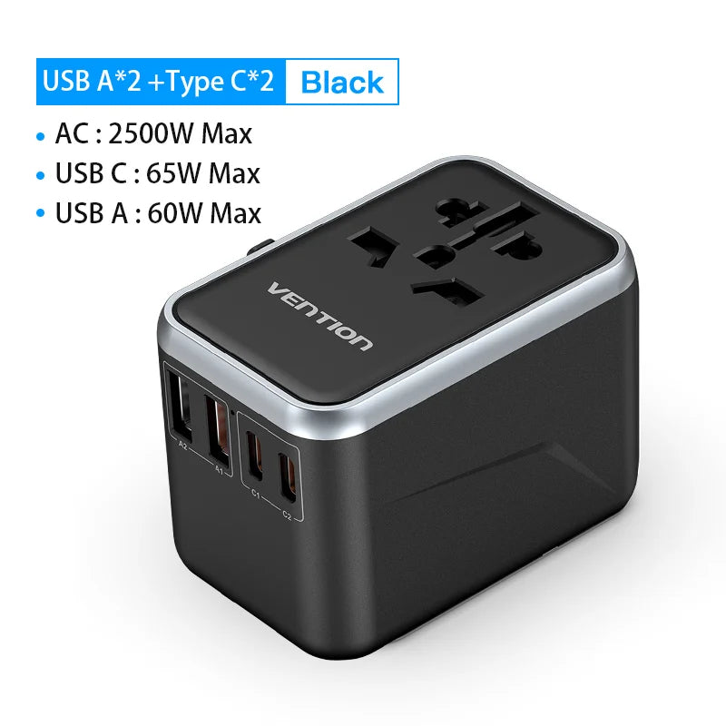Vention 65W PD Universal Travel Adapter – All-in-One Worldwide Wall Charger with AC Power Plug for USA, EU, UK, AUS