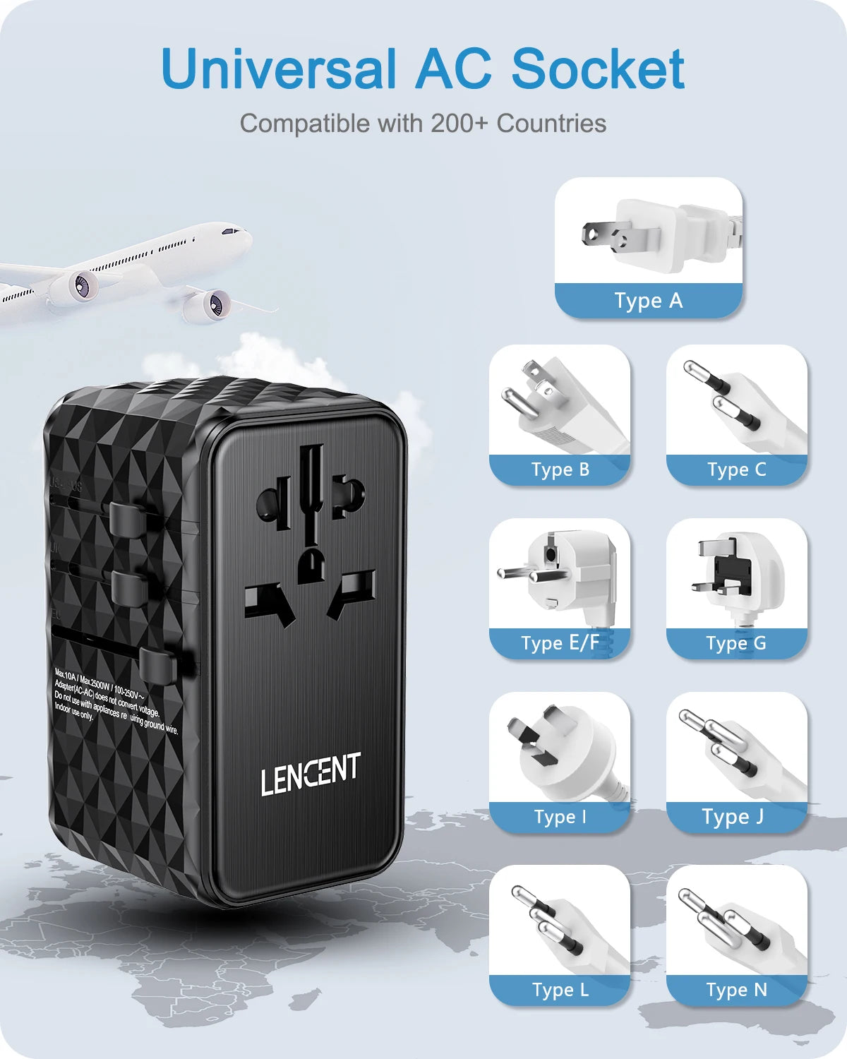 LENCENT 120W GaN International Travel Adapter – 1 USB-A & 3 Type-C PD3.0 Fast Charging EU/UK/USA/AUS Plug Travel Charger
