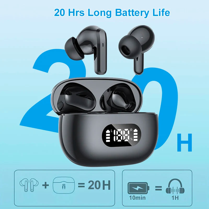 Wireless Bluetooth 5.3 Earbuds – 40dB Noise Cancelling, 6-Mic ENC, HD Calls & LED Display with Transparency Mode!