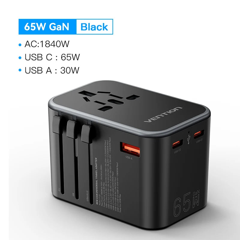Vention 65W PD Universal Travel Adapter – All-in-One Worldwide Wall Charger with AC Power Plug for USA, EU, UK, AUS