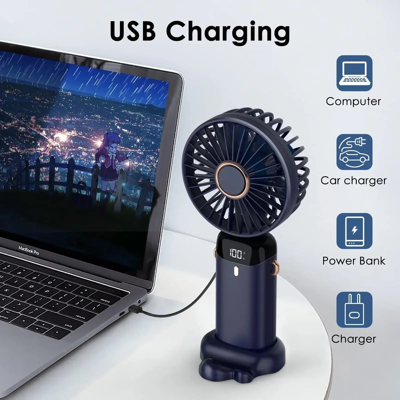 5000mAh Portable Mini Fan – Wireless USB Rechargeable, 5-Speed Foldable Neck Hanging Fan with Digital Display & Phone Holder