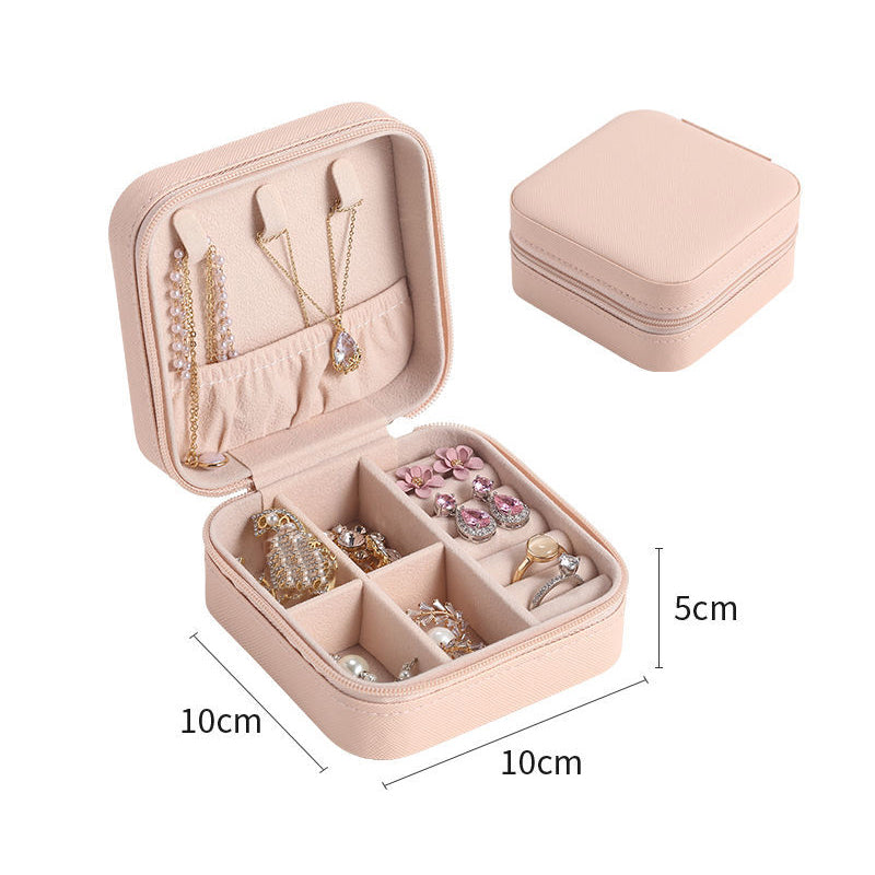 Portable Leather Jewelry Box – Travel Organizer with Zipper for Rings, Earrings & Necklaces