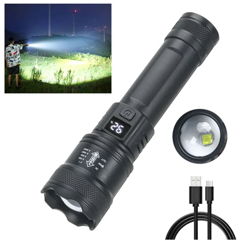 High-Power 2000LM LED Flashlight – Tactical Torch with Display Light, USB Charging, and Zoom for Camping, Fishing & Emergency