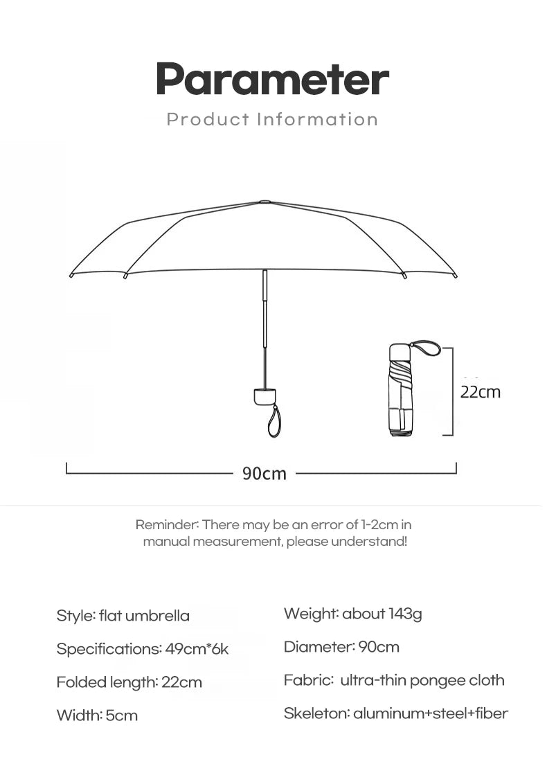Parachase Flat Rain Umbrella Woman Lightweight 143g Foldable Mini Umbrella Pocket Portable Travel Folding Umbrella Windproof