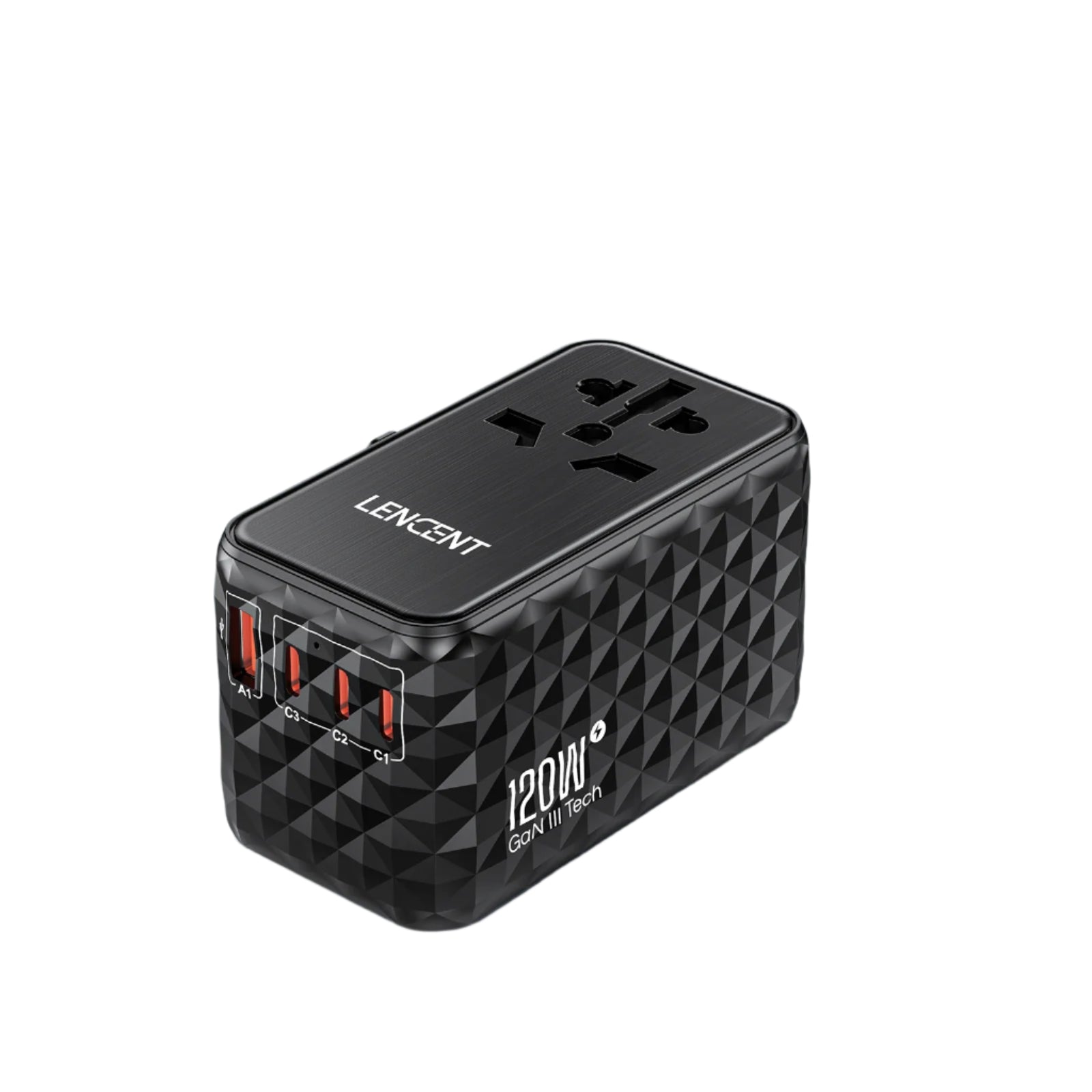 LENCENT 120W GaN International Travel Adapter – 1 USB-A & 3 Type-C PD3.0 Fast Charging EU/UK/USA/AUS Plug Travel Charger