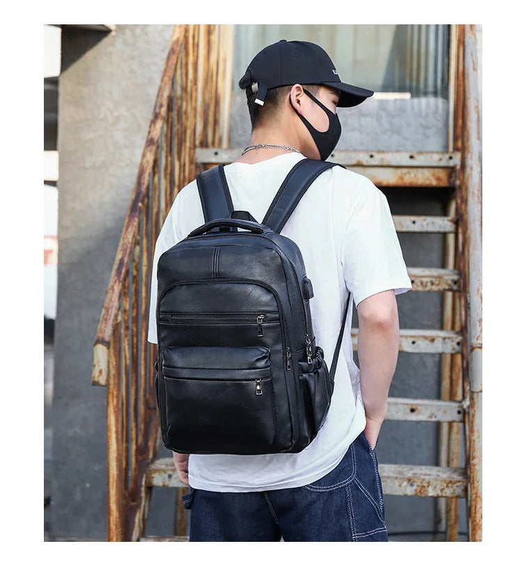 High-Quality USB Charging Backpack for Men – PU Leather Laptop Backpack, Large Schoolbag for Teenagers and Boys