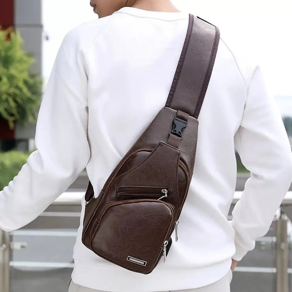 USB Data Cable Charging Chest Bag – Casual Fashion Shoulder Bag, PU Outdoor Sports Men’s Backpack