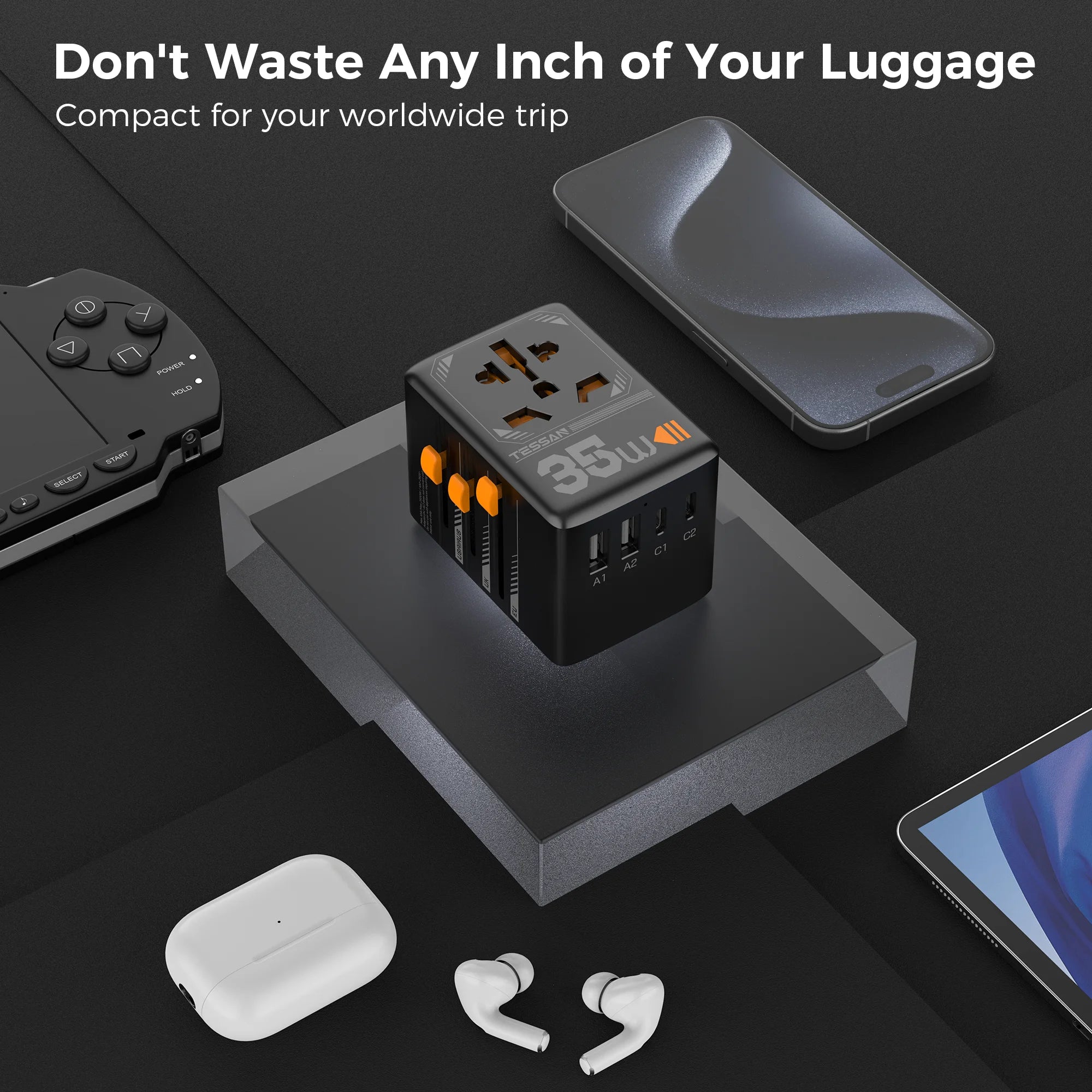 TESSAN 100W GaN Universal Travel Adapter – Fast Charging USB & Type-C Power Adapter for EU/UK/US/AU!