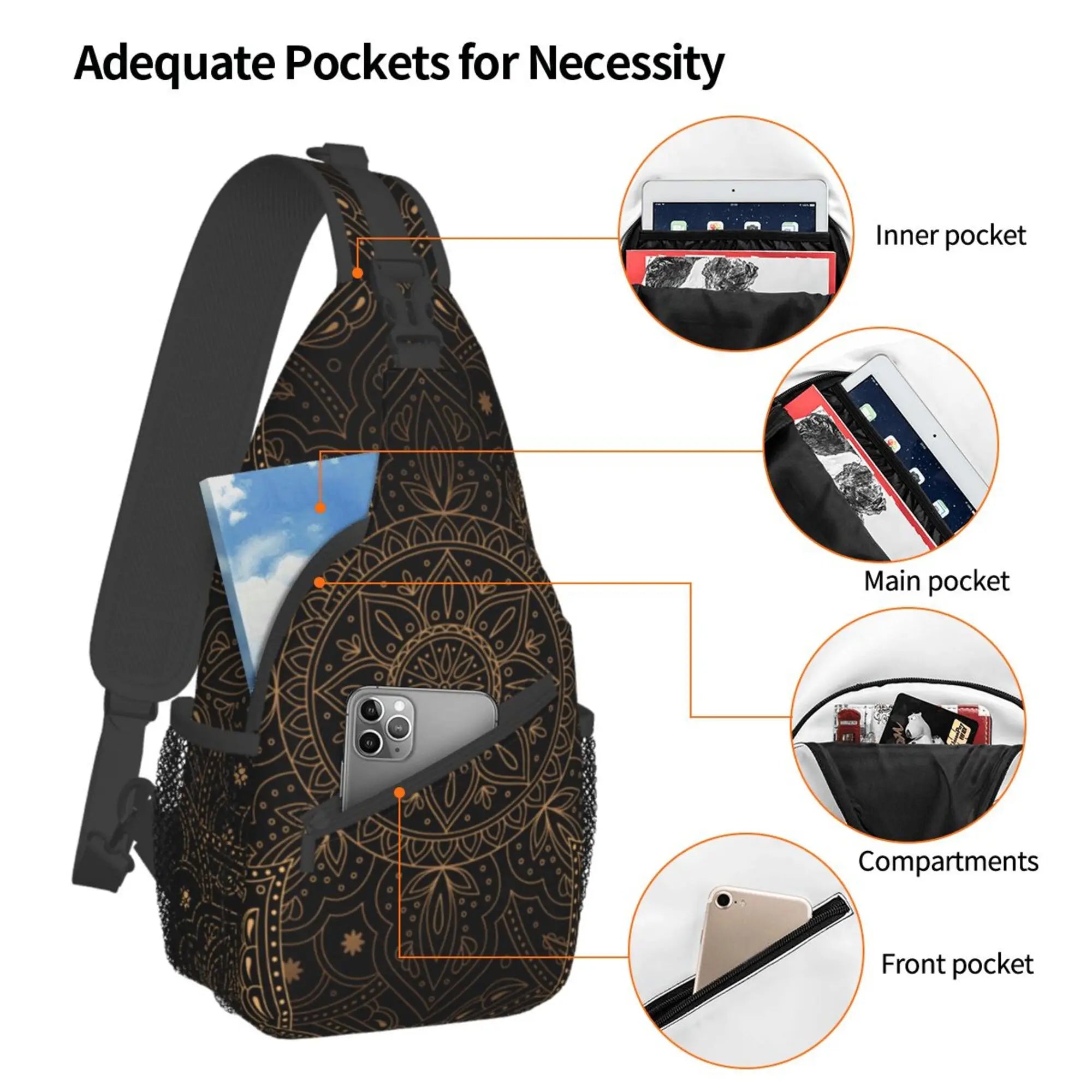 Oriental Mandala Royal Retro Floral Sling Bag – Unisex Crossbody Shoulder Chest Backpack for Travel and Hiking