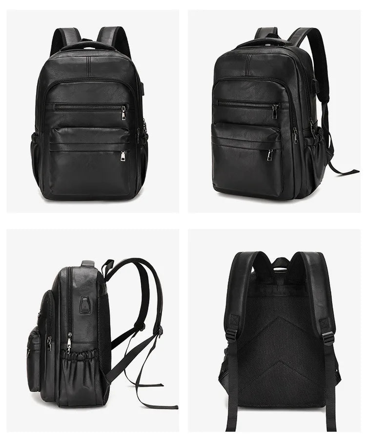 High-Quality USB Charging Backpack for Men – PU Leather Laptop Backpack, Large Schoolbag for Teenagers and Boys