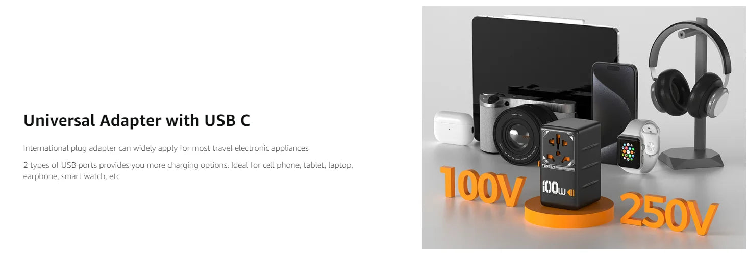 TESSAN 100W GaN Universal Travel Adapter – Fast Charging USB & Type-C Plug for EU/UK/US/AU!