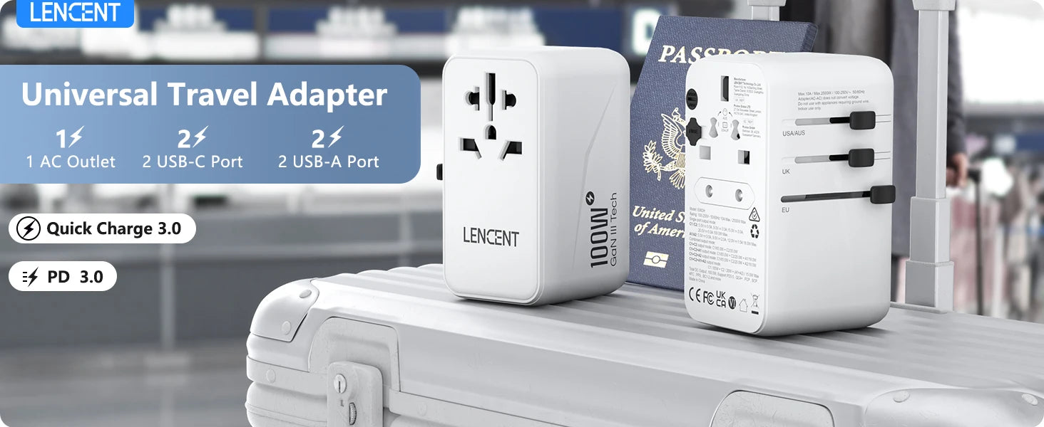 LENCENT 100W GaN Universal Travel Adapter – 2 QC4.0 USB-A & 2 PD3.0 Type-C PPS Fast Charging, EU/UK/USA/AUS Plug for Travel
