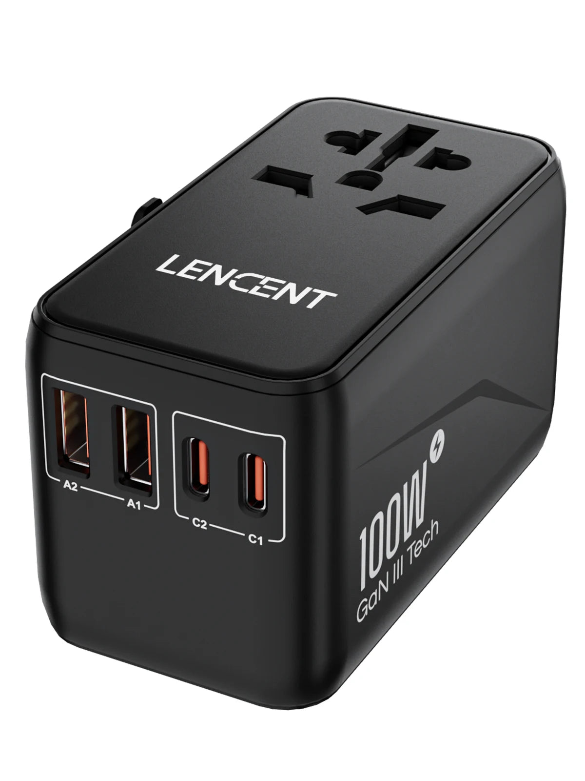 LENCENT 100W GaN Universal Travel Adapter – 2 QC4.0 USB-A & 2 PD3.0 Type-C PPS Fast Charging, EU/UK/USA/AUS Plug for Travel