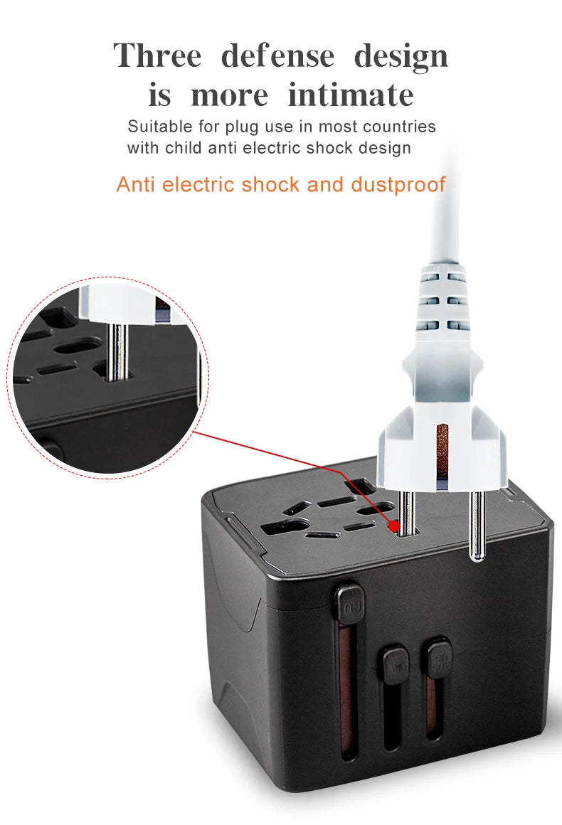 65W Universal Travel Adapter – All-in-One Charger with 3 USB & 1 Type-C for US, EU, UK, & AU