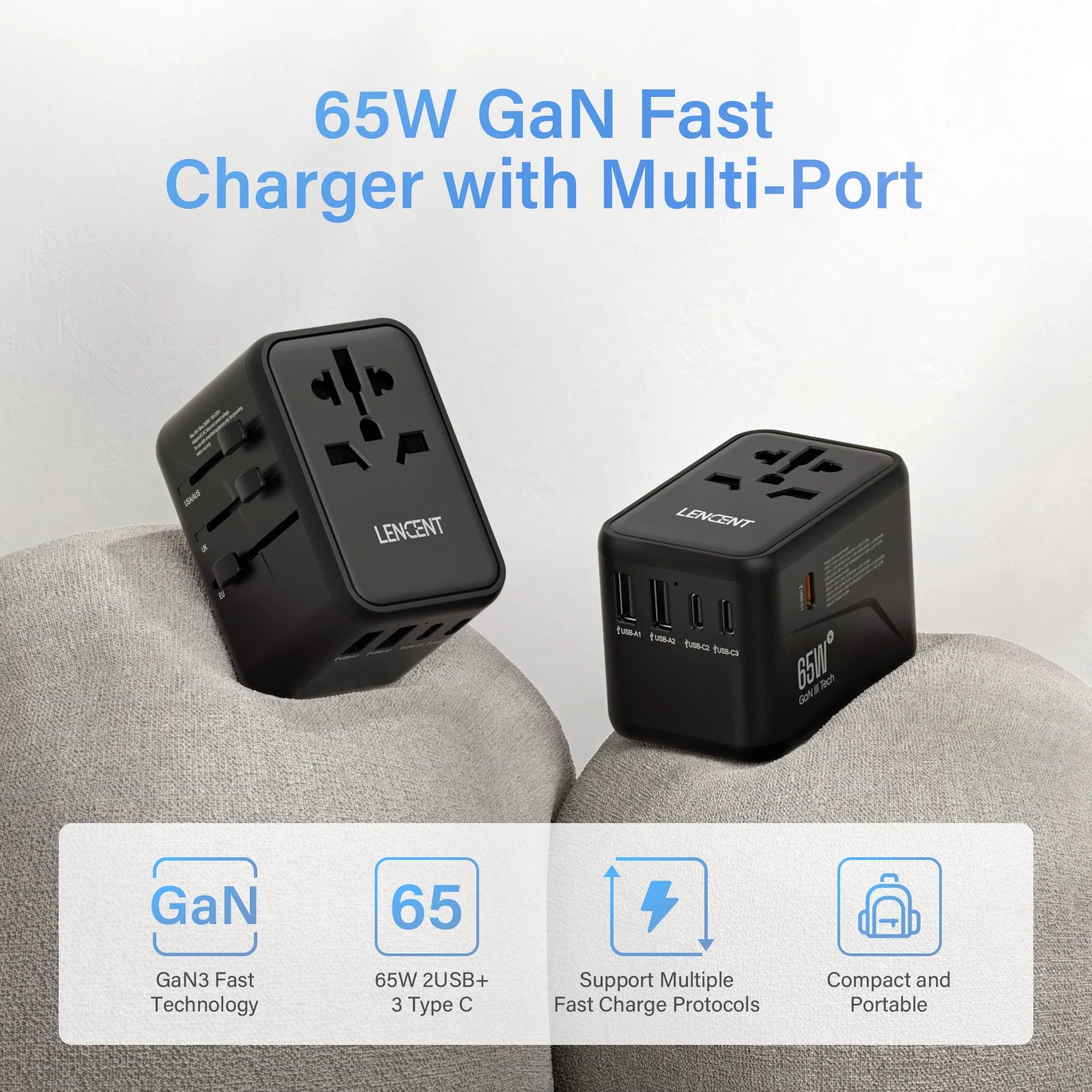 LENCENT 65W/100W GaN Universal Travel Adapter – Fast Charging EU/UK/US/AU Plug with 2 USB & 3 Type-C Ports