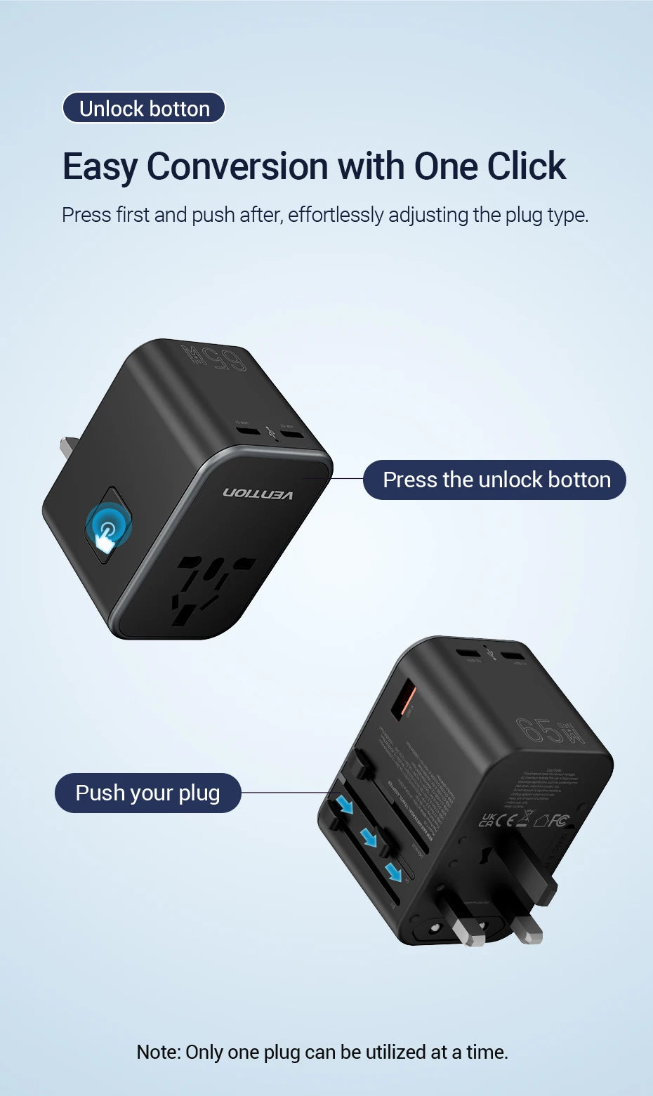 Vention 65W PD Universal Travel Adapter – All-in-One Worldwide Wall Charger with AC Power Plug for USA, EU, UK, AUS