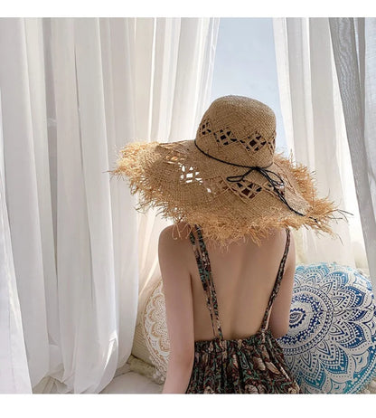Women Summer Natural Raffia Straw Hat Girl Fashion Ribbon Floppy Shading Panama Wide Brim Sun Hats Gilrs Holiday Beach Hat