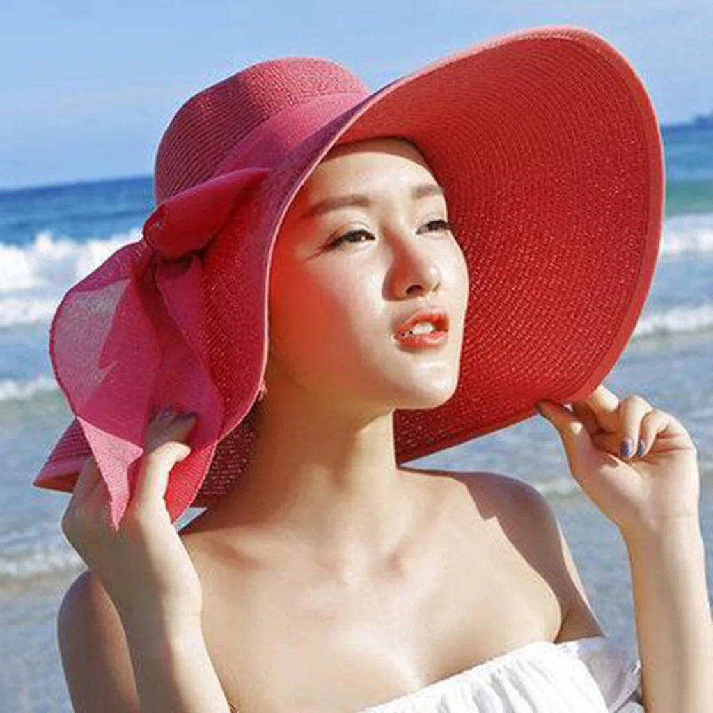 Fashion Women Big Brim Straw Hat Floppy Solid Color Sun Hats Bowknot Foldable Beach Visor Hat Chapeau Femme Gorros панама