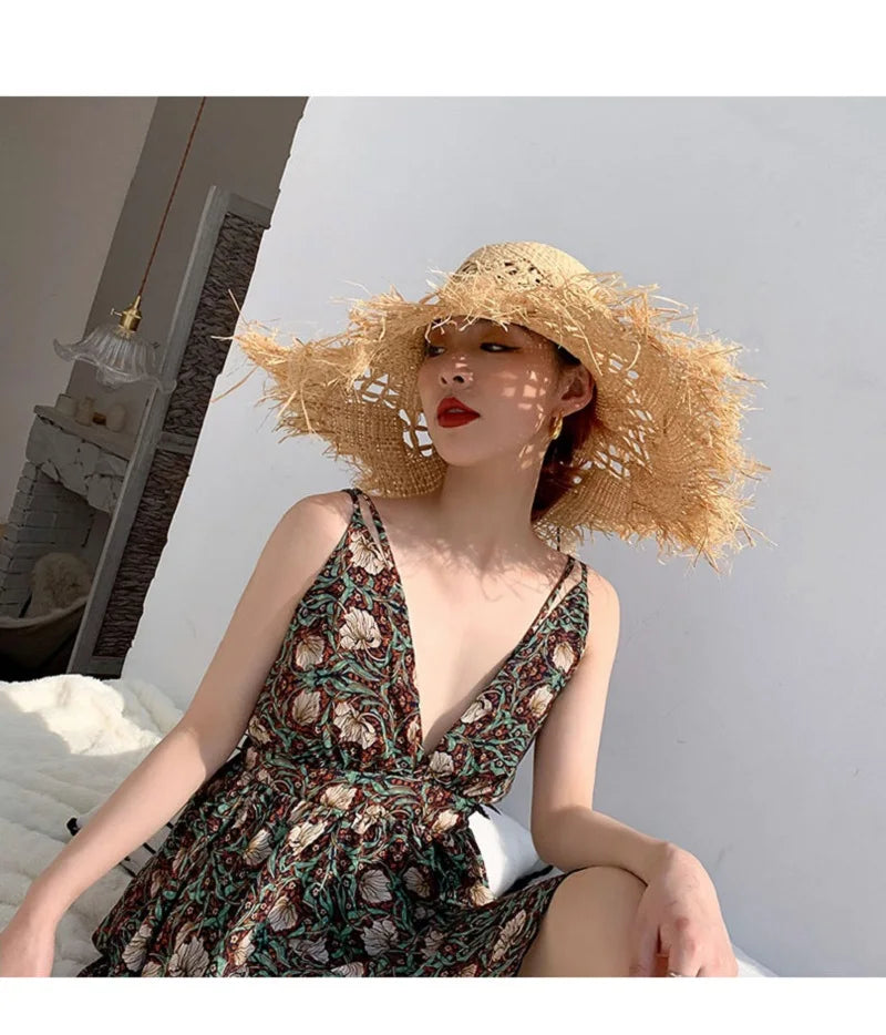 Women Summer Natural Raffia Straw Hat Girl Fashion Ribbon Floppy Shading Panama Wide Brim Sun Hats Gilrs Holiday Beach Hat