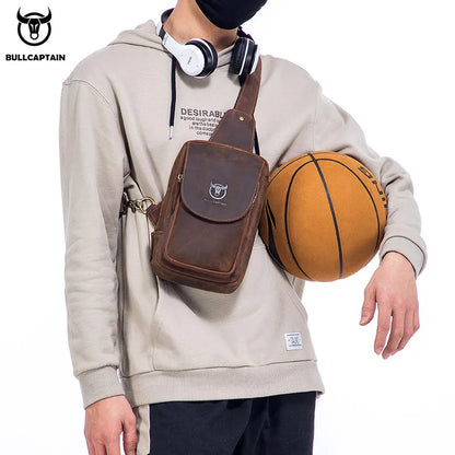 BULLCAPTAIN Men's Crazy Horse Leather Crossbody Bag – Retro Chest Bag for Travel & Daily Use
