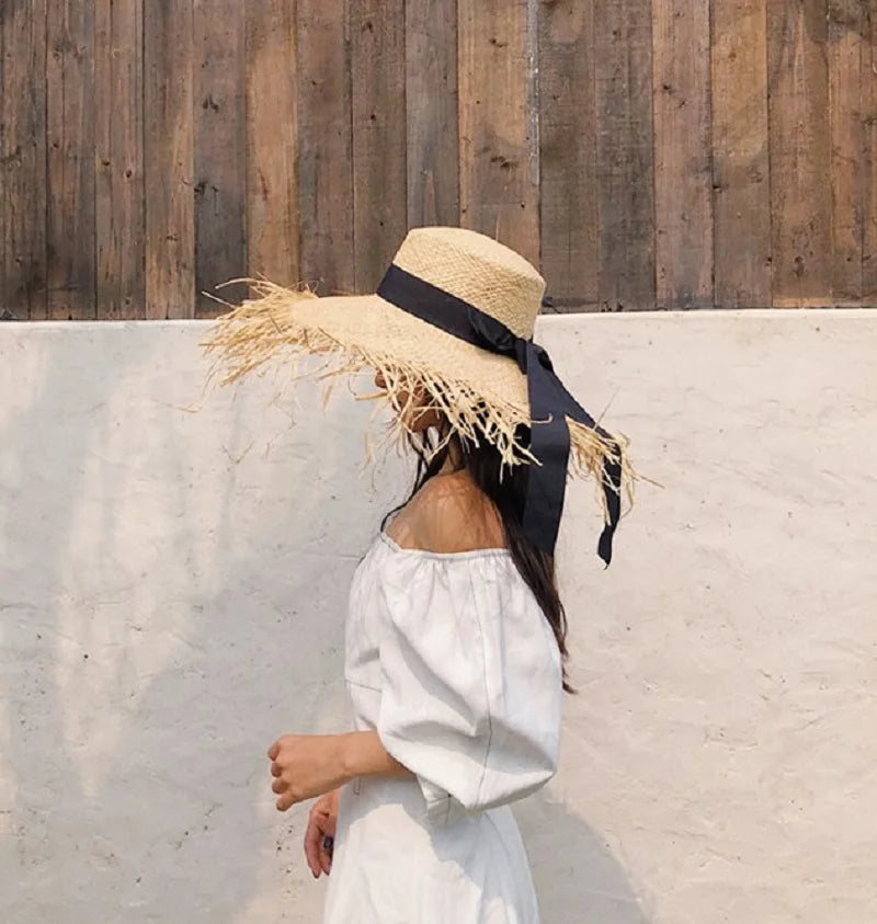 Women Summer Natural Raffia Straw Hat Girl Fashion Ribbon Floppy Shading Panama Wide Brim Sun Hats Gilrs Holiday Beach Hat