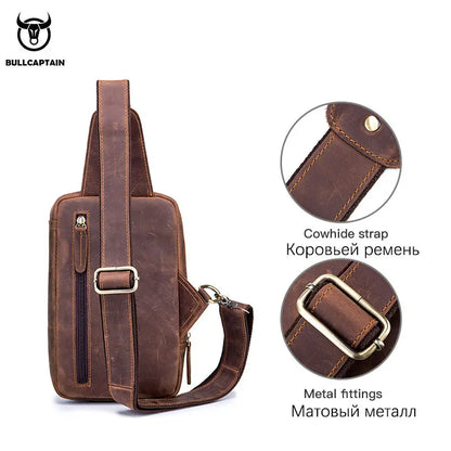 BULLCAPTAIN Men's Crazy Horse Leather Crossbody Bag – Retro Chest Bag for Travel & Daily Use