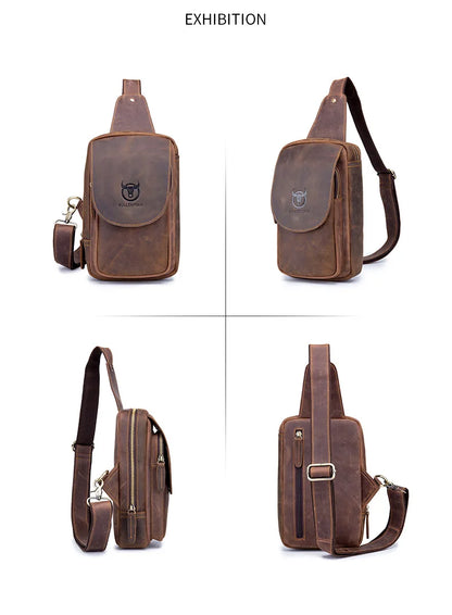BULLCAPTAIN Men's Crazy Horse Leather Crossbody Bag – Retro Chest Bag for Travel & Daily Use