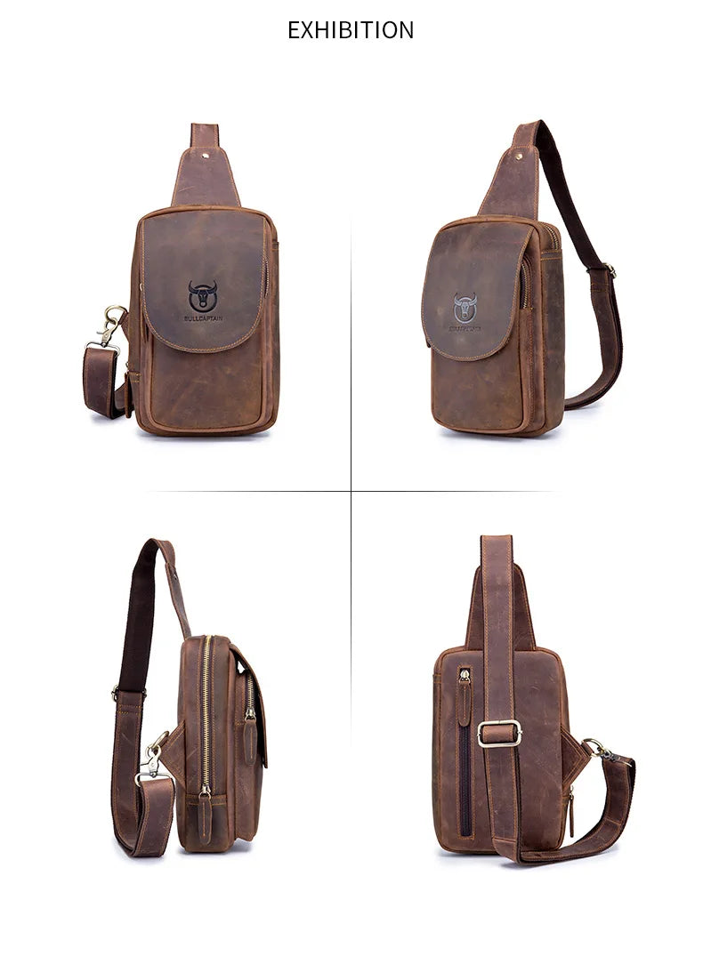 BULLCAPTAIN Men's Crazy Horse Leather Crossbody Bag – Retro Chest Bag for Travel & Daily Use