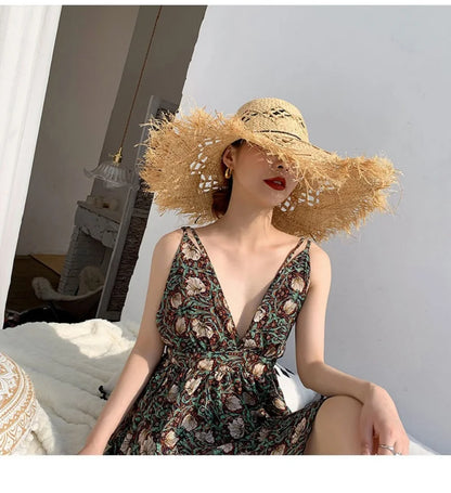 Women Summer Natural Raffia Straw Hat Girl Fashion Ribbon Floppy Shading Panama Wide Brim Sun Hats Gilrs Holiday Beach Hat